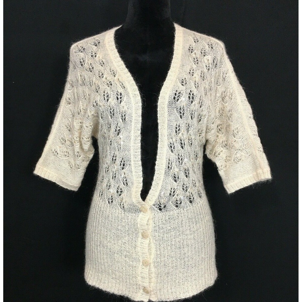 LOFT Cardigan MED Cream Embellish Bead Loose Knit Short Sl Sweater